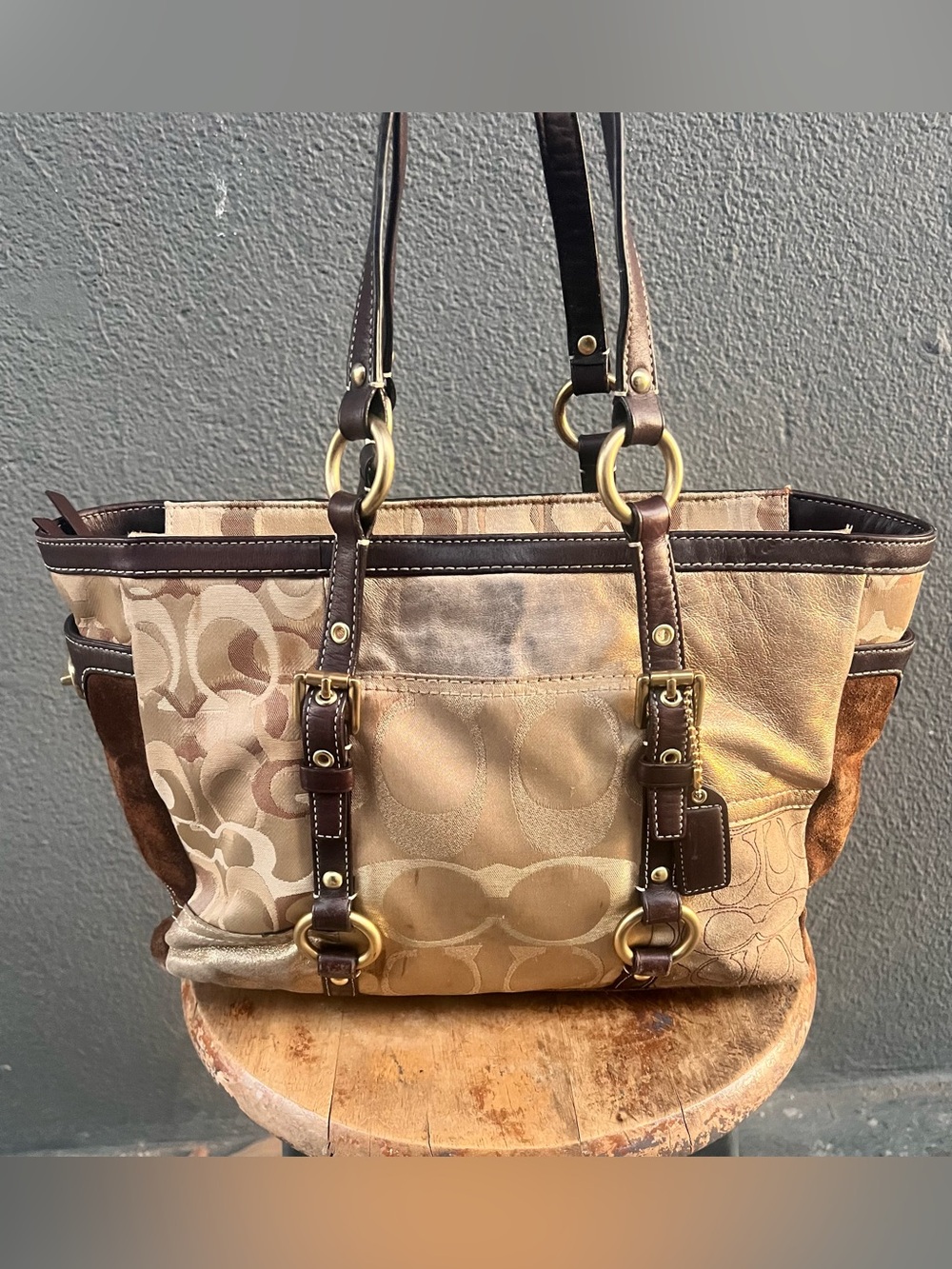 Coach Patchwork Signature Tote in Beige and Brown with Gold Hardware